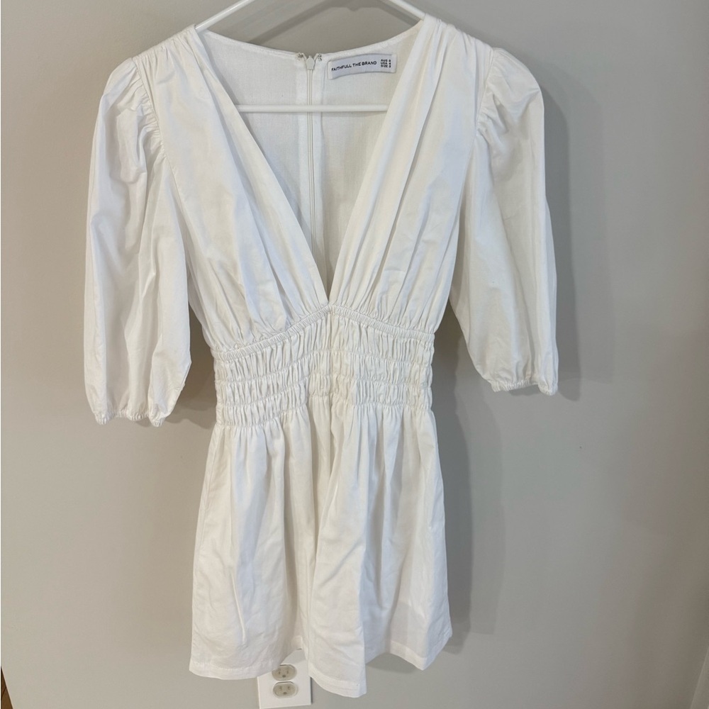 Faithful the Brand Valledoria Puff Sleeve V-neck Mini Dress - White - US Size 4 - Picture 4 of 15